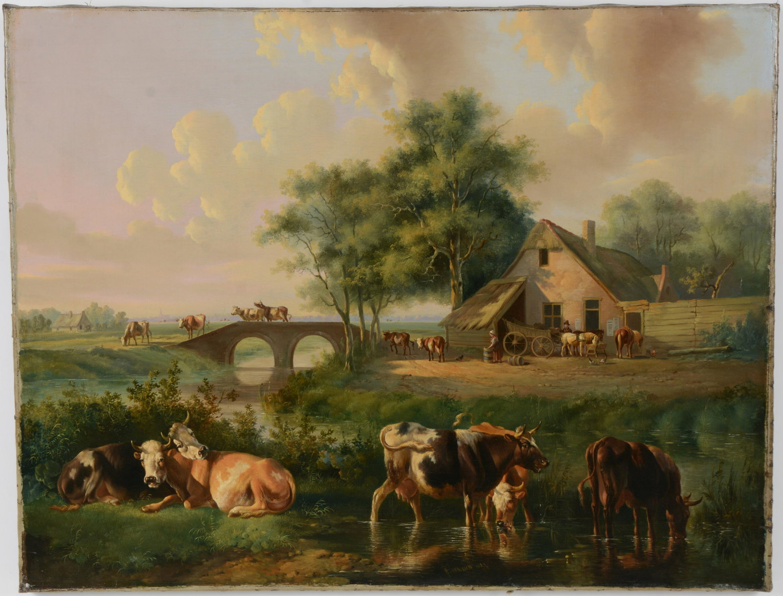 Albertus Verhoesen. Dutch. Large landscape with cattle watering at the river's edge, figures in a: Albertus Verhoesen. Dutch. Large landscape with cattle watering at the river's edge, figures in a wagon by a wayside stop, village in the distance. Oil on canvas. Unframed. Signed and dated lower righ
