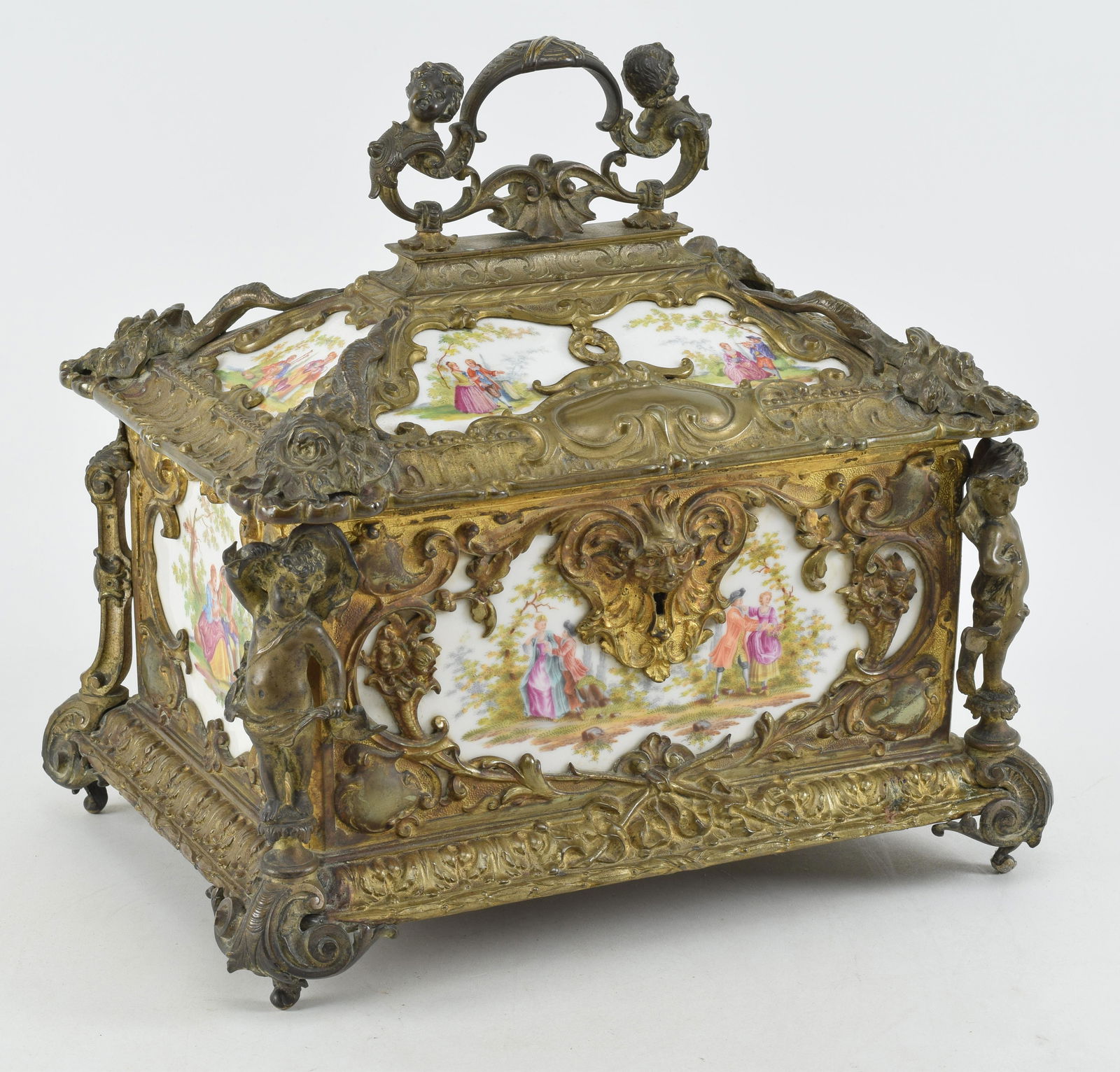 Large Limoges and ormolu jewelry box, late 19th Century. Elaborate beaux art ormolu frame with (1 of 11)