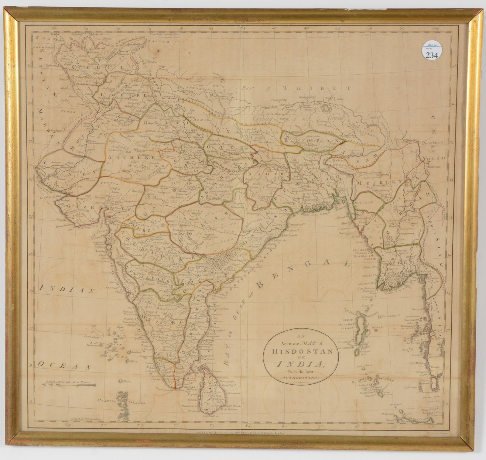 1785 Map of Hindostan or India. William Darton. Published by C. Dilly and G. Robinson, London. 1785.: 1785 Map of Hindostan or India. William Darton. Published by C. Dilly and G. Robinson, London. 1785. Hand colored borders. Fold lines. Staining. Sight: 16 x 17in. Overall: 17 x 18in. Provenance: From