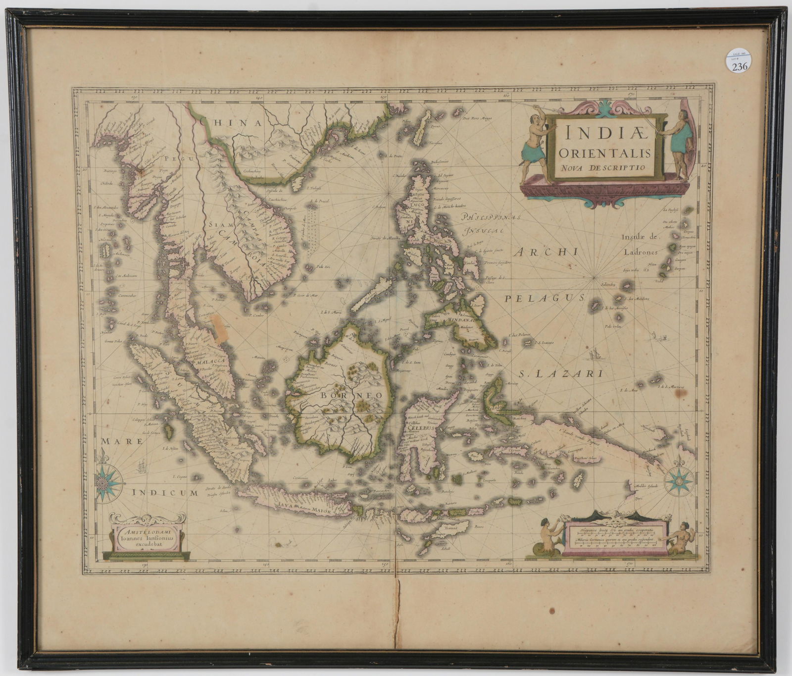 Johannes Janssonius engraved map of Southeast Asian. "Indiae Orientalis Nova Descriptio". Early 17th: Johannes Janssonius engraved map of Southeast Asian. "Indiae Orientalis Nova Descriptio". Early 17th century. Amsterdam. Hand colored borders and decorations of mermaids, indigenous peoples, and ships