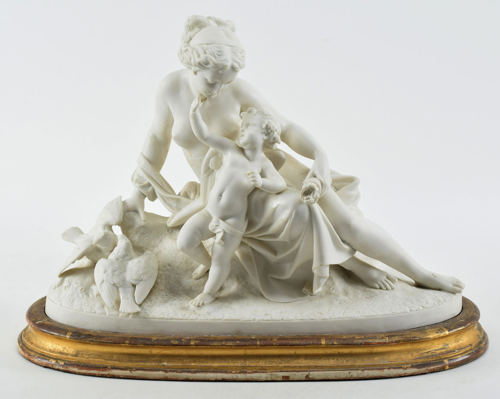 Large Mintons Parian porcelain figural group on stand. Venus with cherub and doves. Signed Minton & (1 of 9)