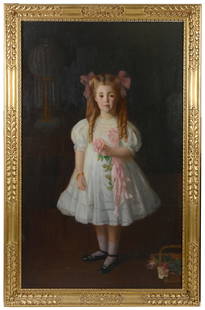 Arthur Merton Hazard. Large Boston school portrait of Martha Pollard, Lowell Massachusetts. The: Arthur Merton Hazard. Large Boston school portrait of Martha Pollard, Lowell Massachusetts. The young girl is depicted in a white dress with roses. Oil on canvas. Framed in an original Foster Bros. gi