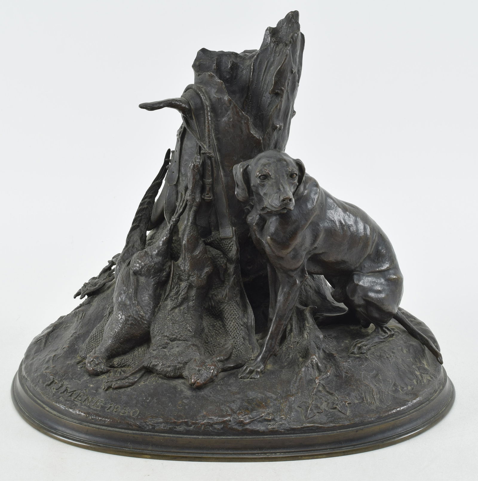 Pierre Jules Mene. French 19th century bronze sculpture of a hunting dog by a tree trunk with dead: Pierre Jules Mene. French 19th century bronze sculpture of a hunting dog by a tree trunk with dead game. Signed and dated 1850 front left on base. 14 W x 8.5 D x 12.5in H. Brown patina.