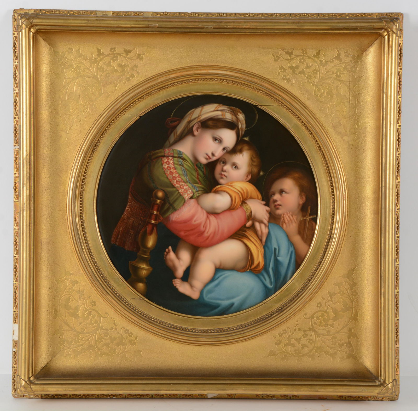 KPM porcelain large impressive round painting on porcelain after Raphael. Madonna and Child. 16.75" (1 of 13)