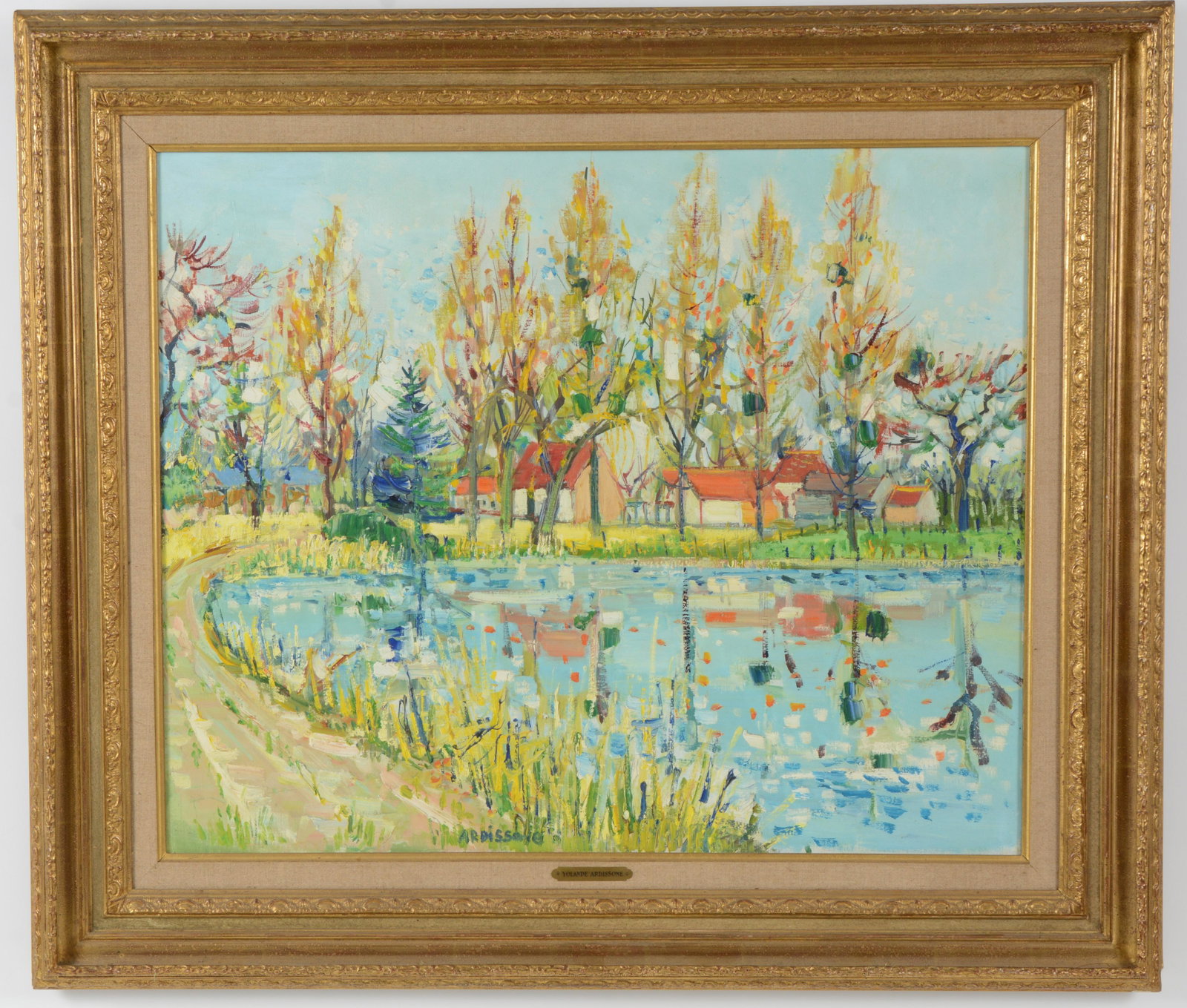 Yolande Ardissone. France/America. "Le Peupliers". Original painting landscape of poplar trees and: Yolande Ardissone. France/America. "Le Peupliers". Original painting landscape of poplar trees and houses reflecting in a pond. Oil on canvas. Framed. Signed lower center. Gallery number and title on 