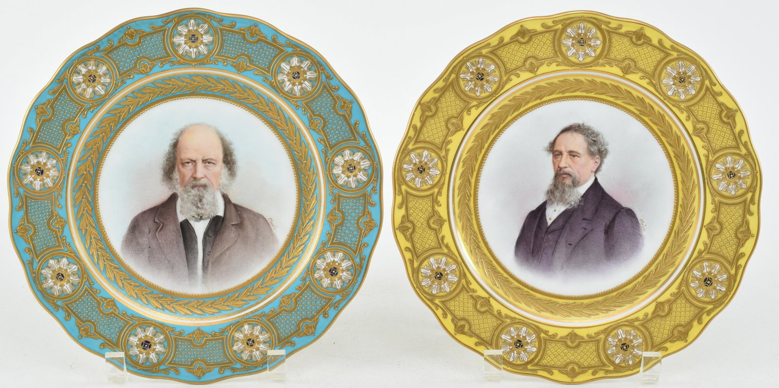 Pair of Serves fine portrait plates, Dickens and Tennyson. Elaborate jeweled borders with artist: Pair of Serves fine portrait plates, Dickens and Tennyson. Elaborate jeweled borders with artist signed portraits of the writers. Marked for Wright, Tyndale & Van Roden, Philadelphia. English plates w
