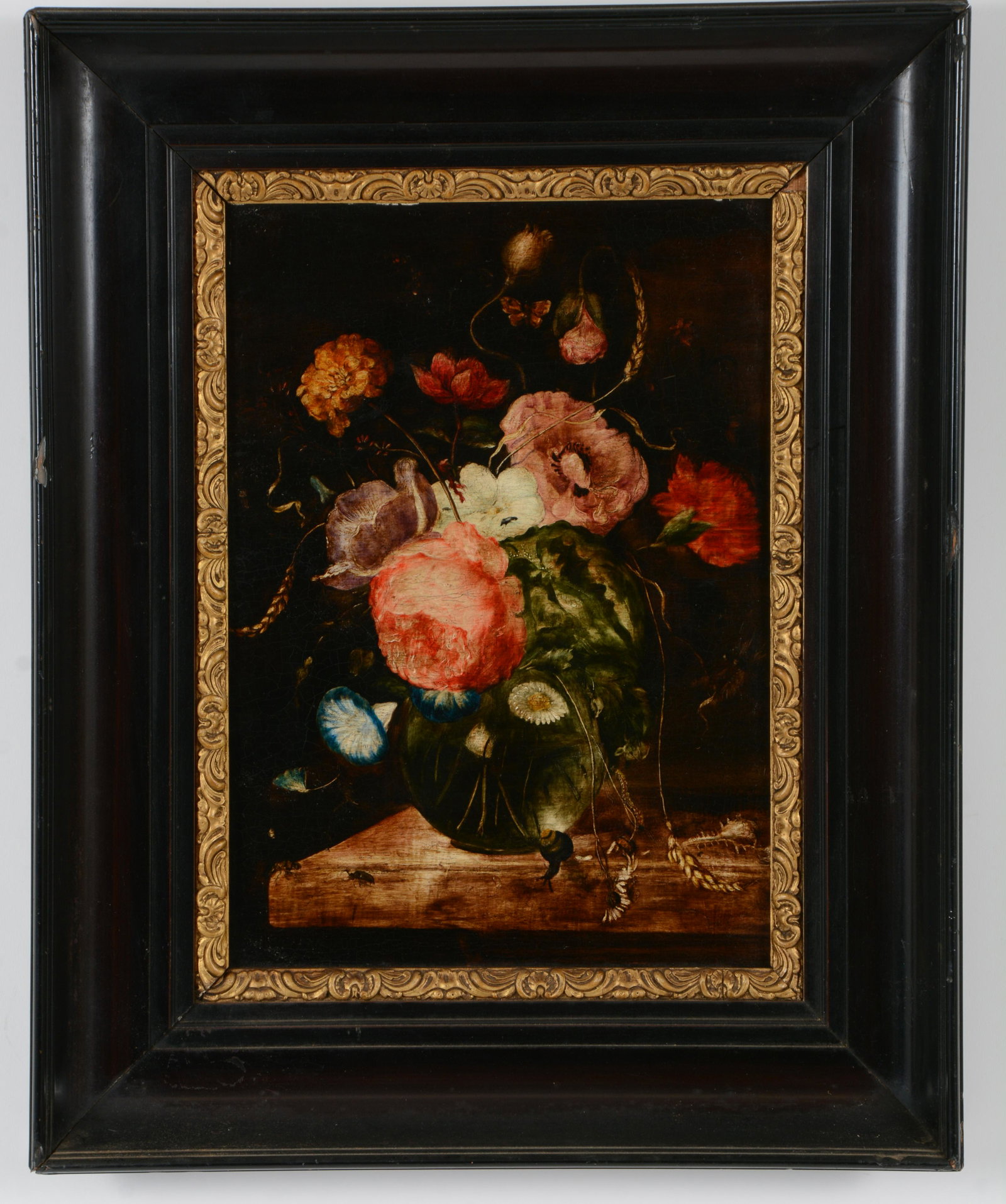 Old master style painting on copper. Still life with vase of flower, insects, and a snail with: Old master style painting on copper. Still life with vase of flower, insects, and a snail with shells. Probably 19th century or earlier. Oil on copper. Framed. Craquelure. Sight: 14.75 x 10.75in. Over