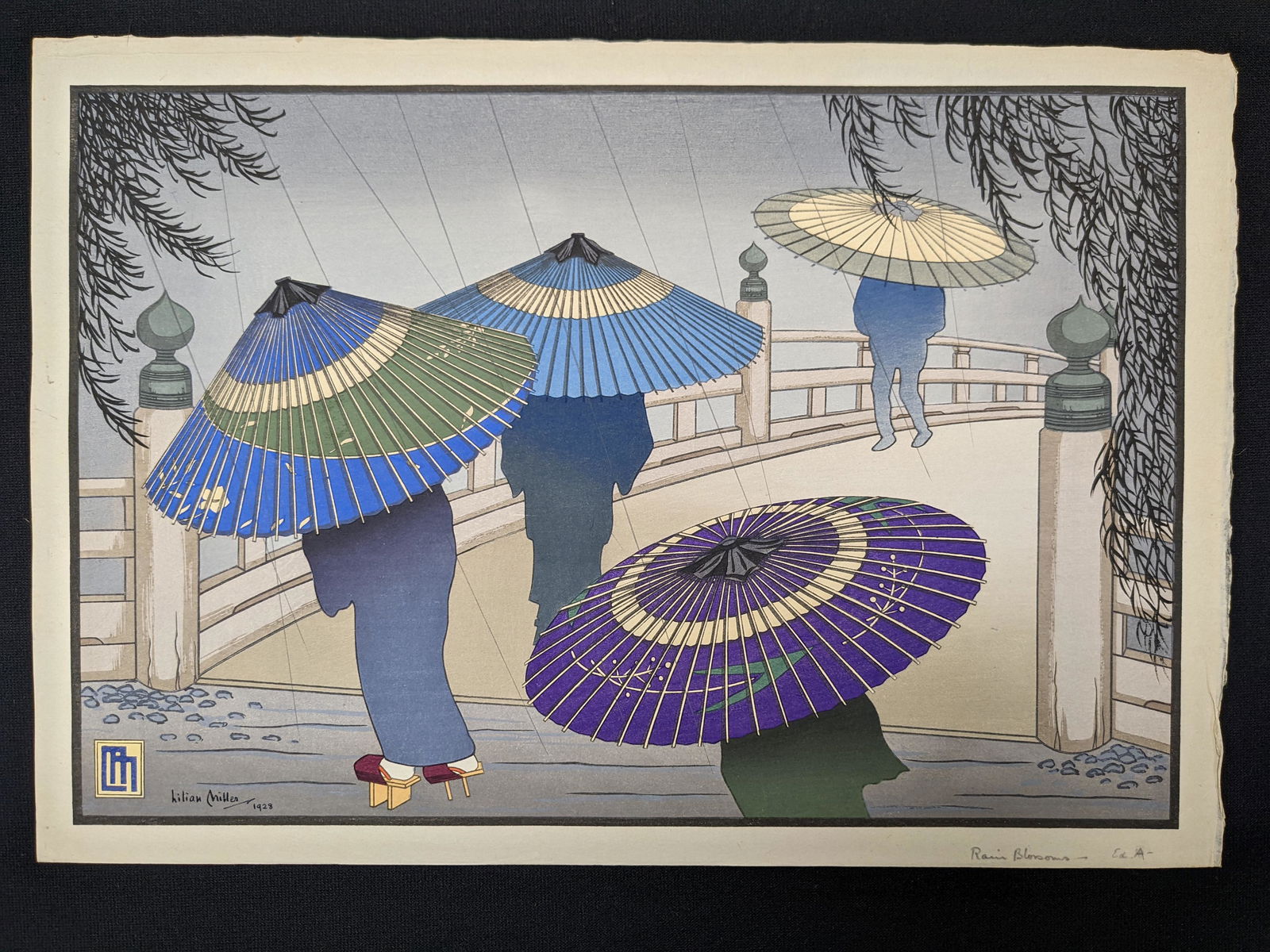 Lilian Miller. "Rain Blossoms". Original color woodcut print. Edition A with blue and purple color: Lilian Miller. "Rain Blossoms". Original color woodcut print. Edition A with blue and purple color variations depicting figures with umbrellas near a bridge in the rain. Signed, dated 1928, and monogr