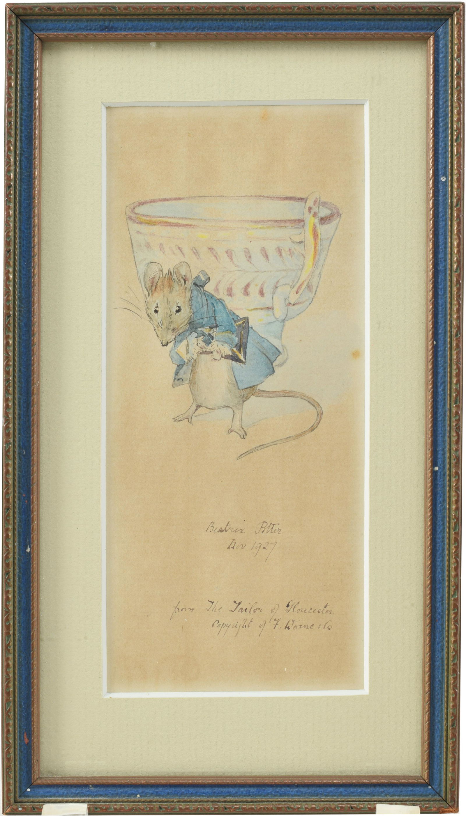 Beatrix Potter. Original watercolor and ink illustration from the "Tailor of Gloucester" depicting a: Beatrix Potter. Original watercolor and ink illustration from the "Tailor of Gloucester" depicting a costumed mouse in front of a teacup. "From The Tailor of Gloucester / Copyright of F. Warne & Co."