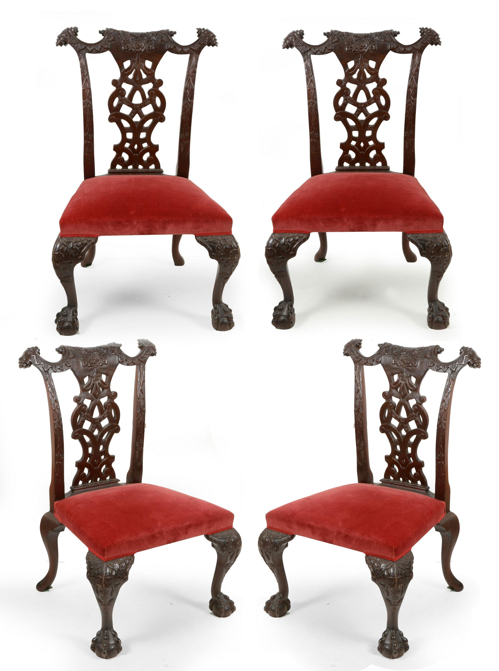 4 Colonial revival chippendale style chairs with heavily carved ears and floral and foliate: 4 Colonial revival chippendale style chairs with heavily carved ears and floral and foliate decorations. Over upholstered seats above cabriole legs with ball and claw feet. Height 38