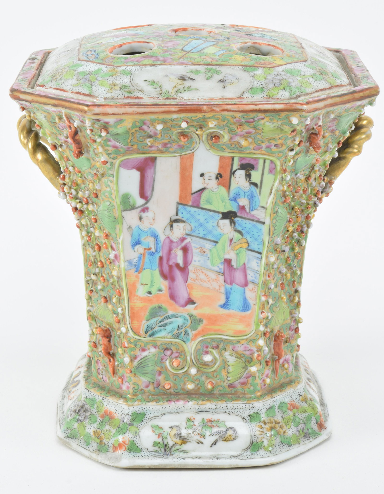 Porcelain bough pot. China. 19th century. Rose medallion ware. Moulded grape and squirrel: Porcelain bough pot. China. 19th century. Rose medallion ware. Moulded grape and squirrel decoration. Bird and flower borders. Repairs. 8 x 8 x 9in.