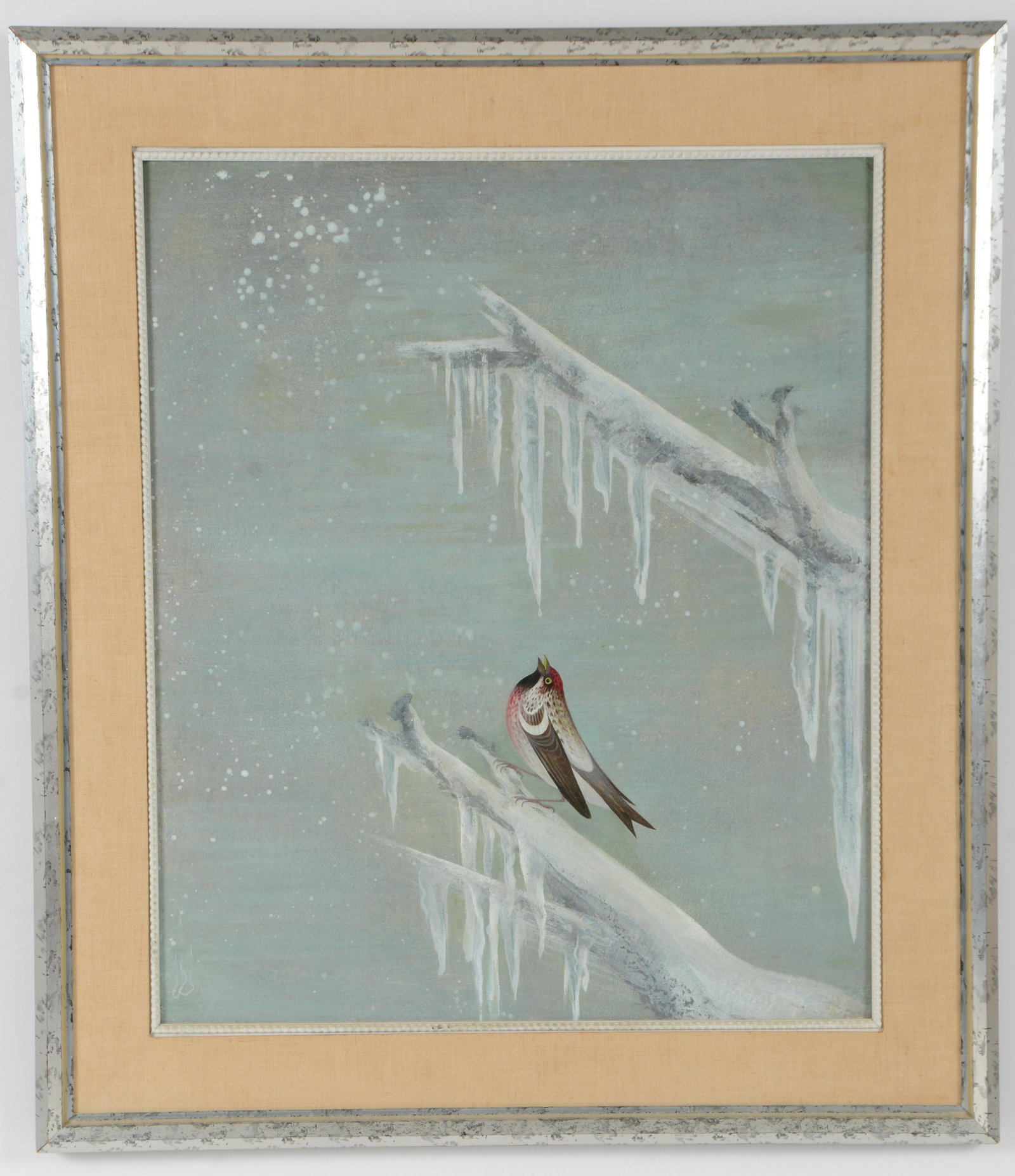Charles Child. Bucks County, Pennsylvania. "Loving Cup". Egg tempera on masonite. Winter scene with: Charles Child. Bucks County, Pennsylvania. "Loving Cup". Egg tempera on masonite. Winter scene with bright bird on an icy branch. Information label with title, etc. and Charles Child studio label on r