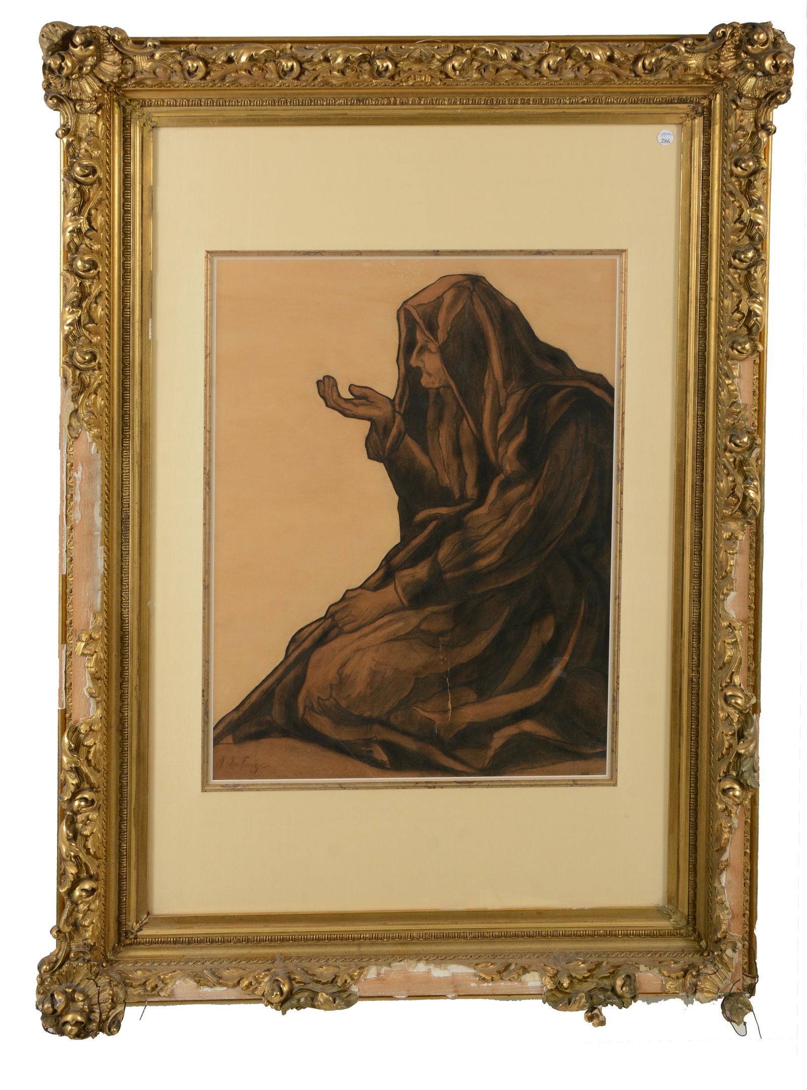 John La Farge. Large charcoal drawing of a cloaked woman with her hand held out and grasping a (1 of 10)
