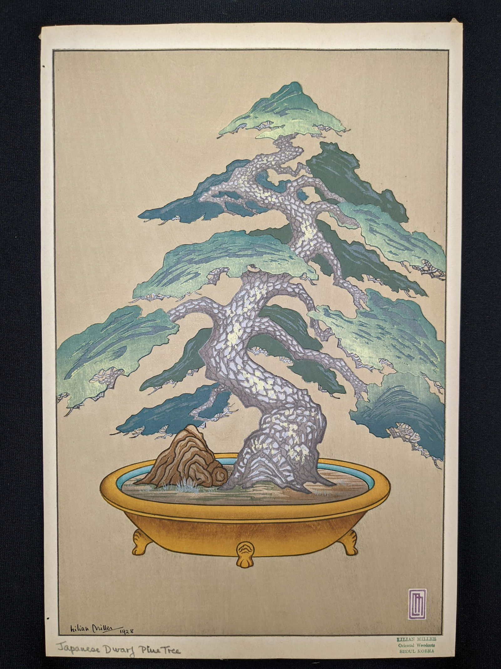 Lilian Miller. "Japanese Dwarf Pine Tree". Original color woodcut print depicting a bonsai tree.: Lilian Miller. "Japanese Dwarf Pine Tree". Original color woodcut print depicting a bonsai tree. Signed and dated 1928 lower left. Monogram in plate lower right. Pencil title lower left margin. Stamp