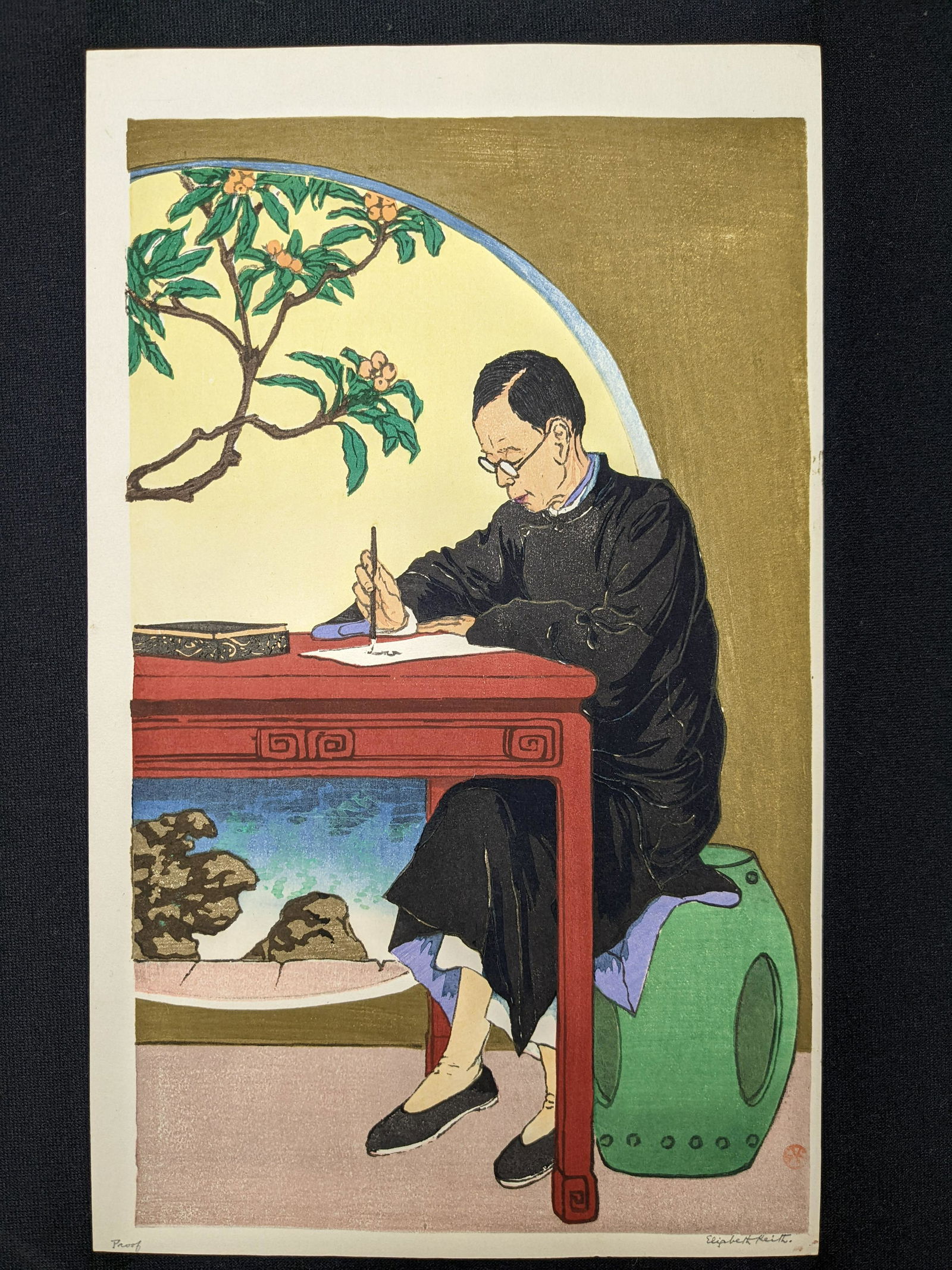 Elizabeth Keith. "The Country Scholar". Original color woodblock print depicting a scholar seated on (1 of 5)