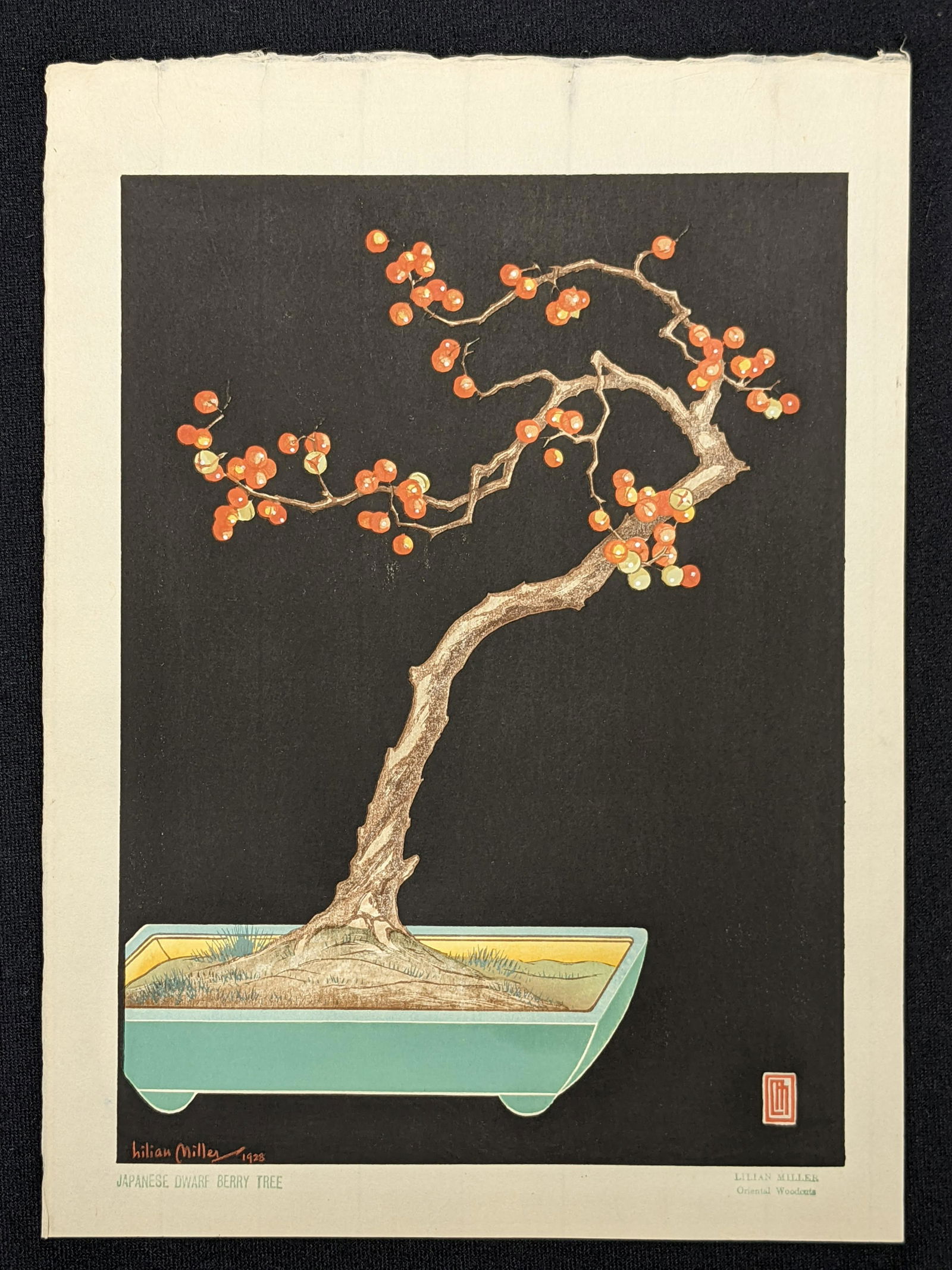 Lilian Miller. "Japanese Dwarf Berry Tree". Original color woodcut print of a bonsai tree set: Lilian Miller. "Japanese Dwarf Berry Tree". Original color woodcut print of a bonsai tree set against a black background. Signed and dated 1928 lower left. Monogrammed in plate lower right. Stamped ti