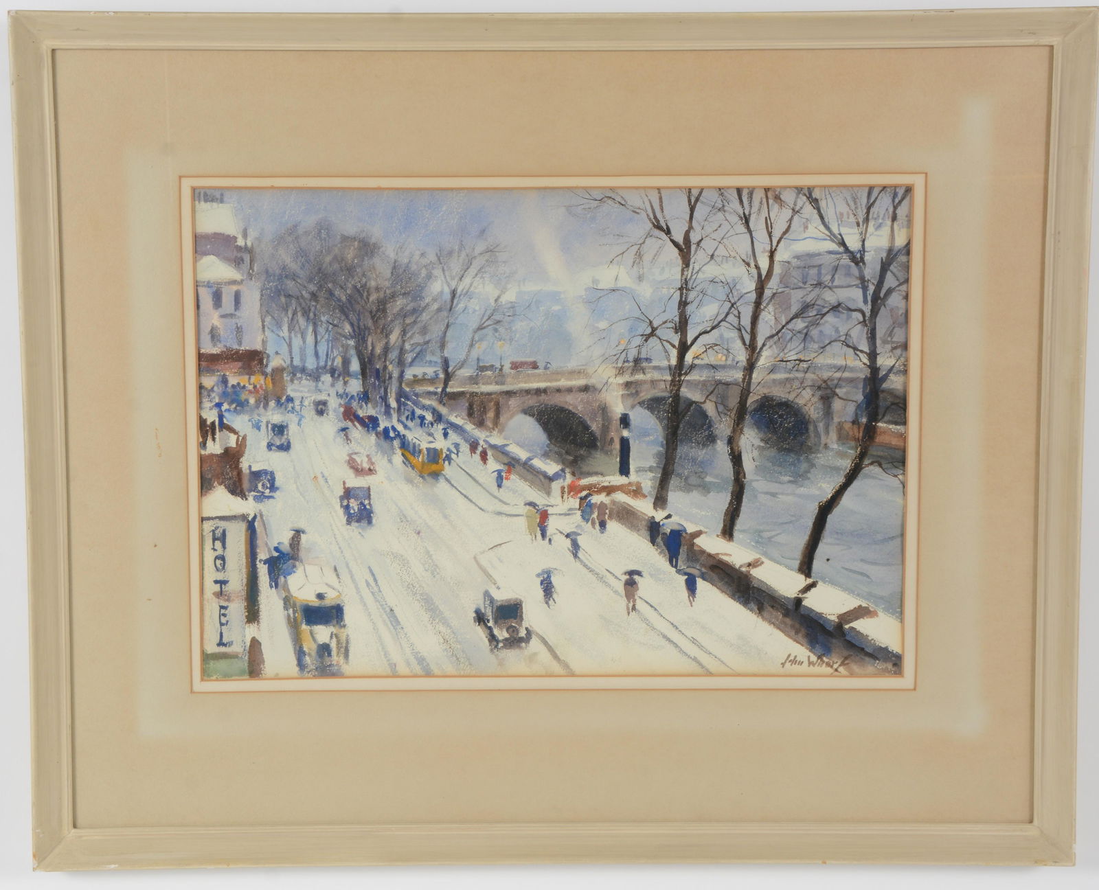 John Whorf. Original watercolor painting depicting busy winter city street scene with figures and (1 of 9)