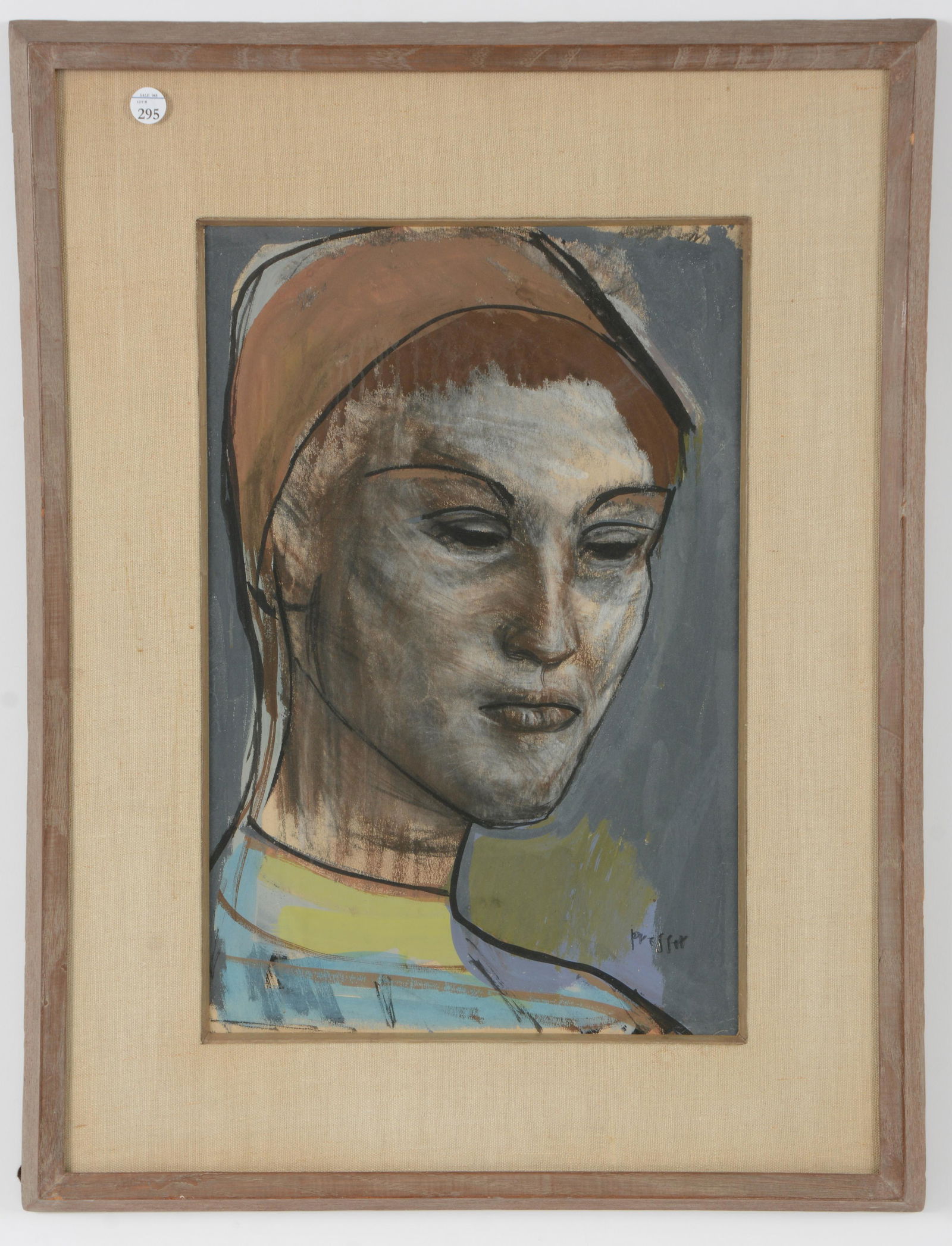 Josef Presser. Provincetown/Massachusetts. Mixed media depicting the head of a woman. Framed under: Josef Presser. Provincetown/Massachusetts. Mixed media depicting the head of a woman. Framed under glass. Signed lower right. Glass needs to be cleaned on underside. Sight: 18 x 11.75in. Overall: 26 x