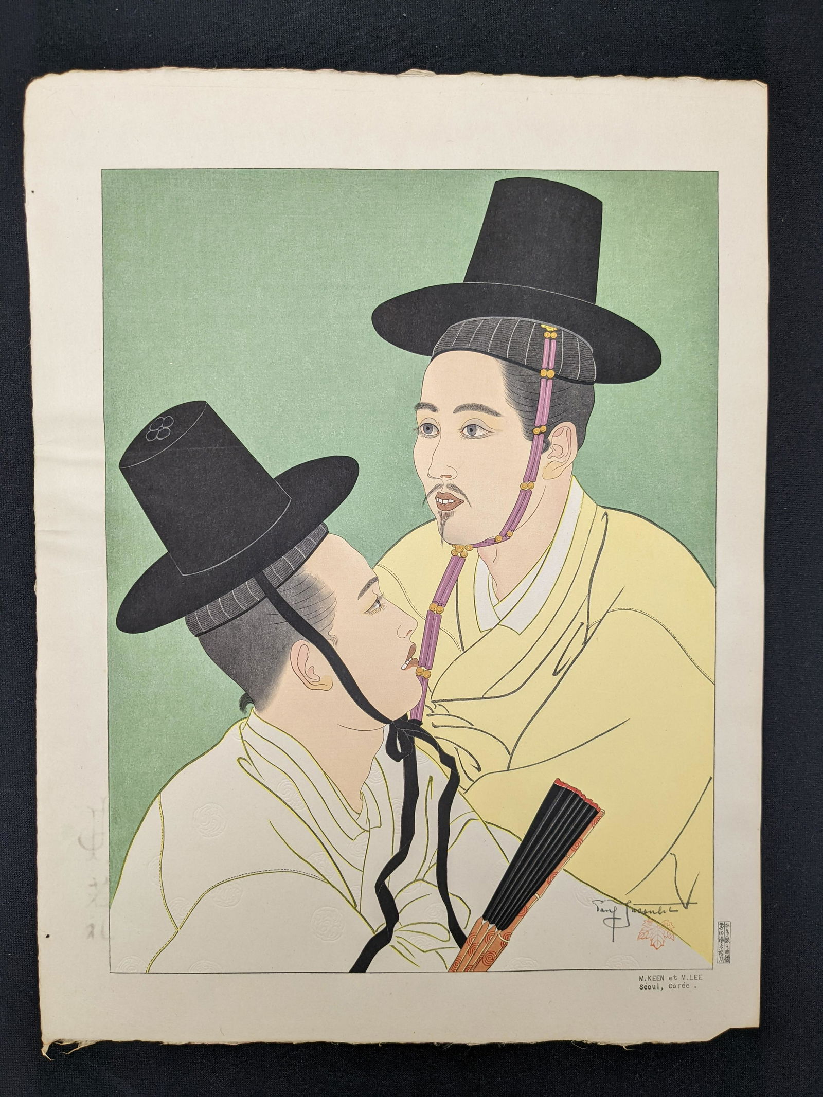 Paul Jacoulet. "M. Keen et M. Lee". Original color woodblock print of two Korean men wearing hats. (1 of 5)
