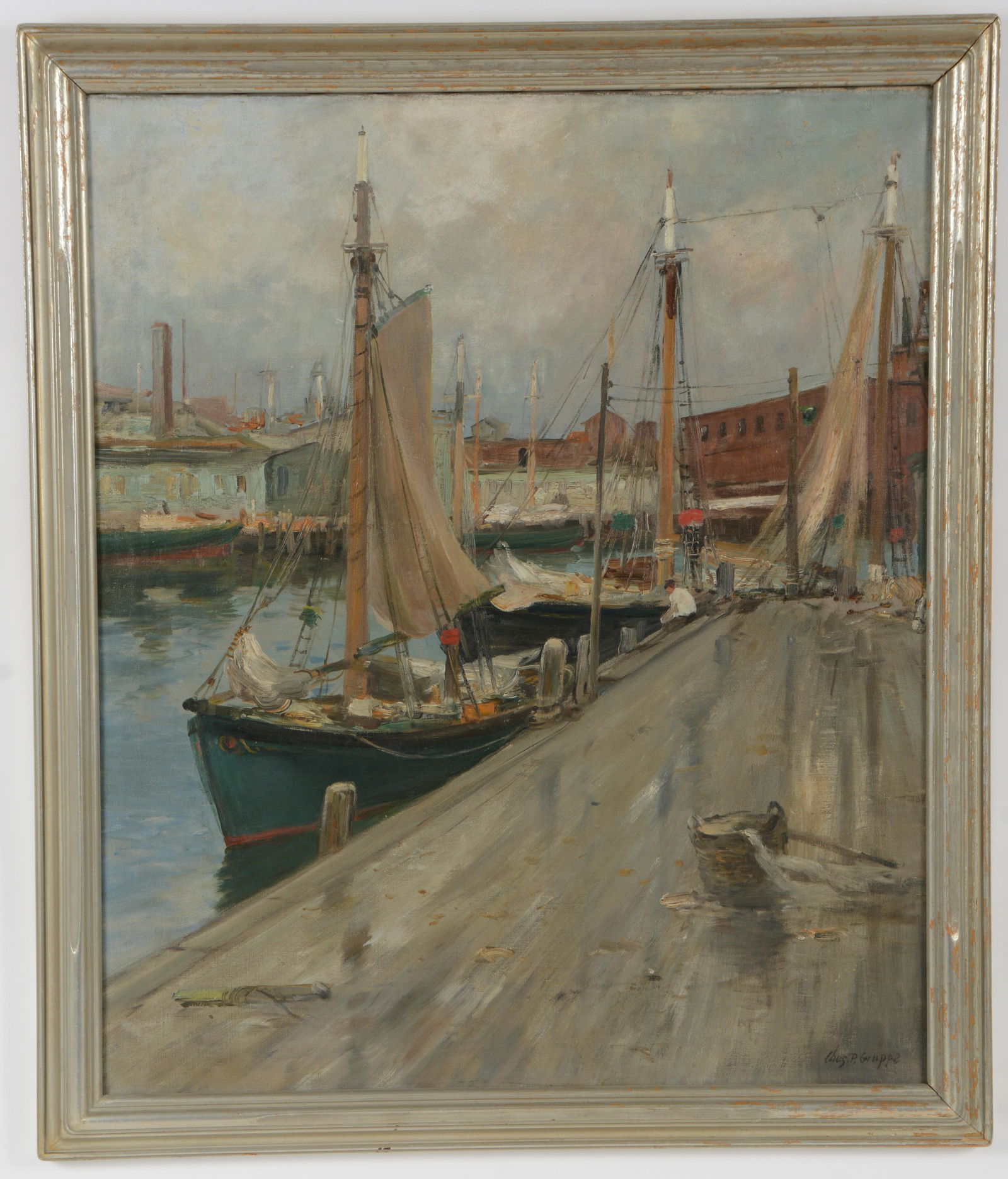 Charles P. Gruppe. "Docks of Gloucester". Large impressionist dock scene with a figure sitting by (1 of 9)