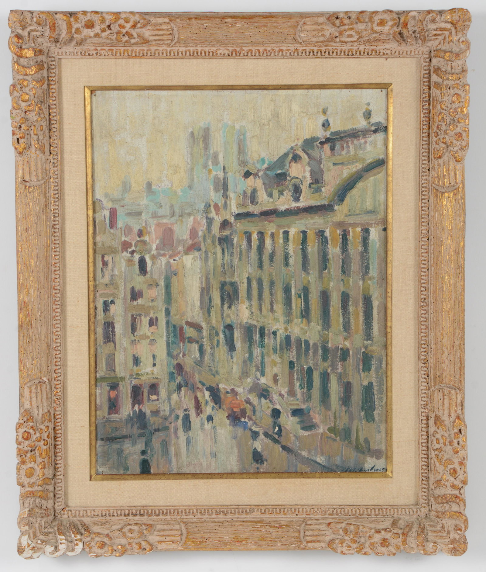 Early 20th century continental school impressionist city street scene with figures walking. Oil on: Early 20th century continental school impressionist city street scene with figures walking. Oil on wood panel. Signed lower right "M. ???". Framed. Sight: 17.5 x 13.5in. Overall: 23.5 x 19.5in.