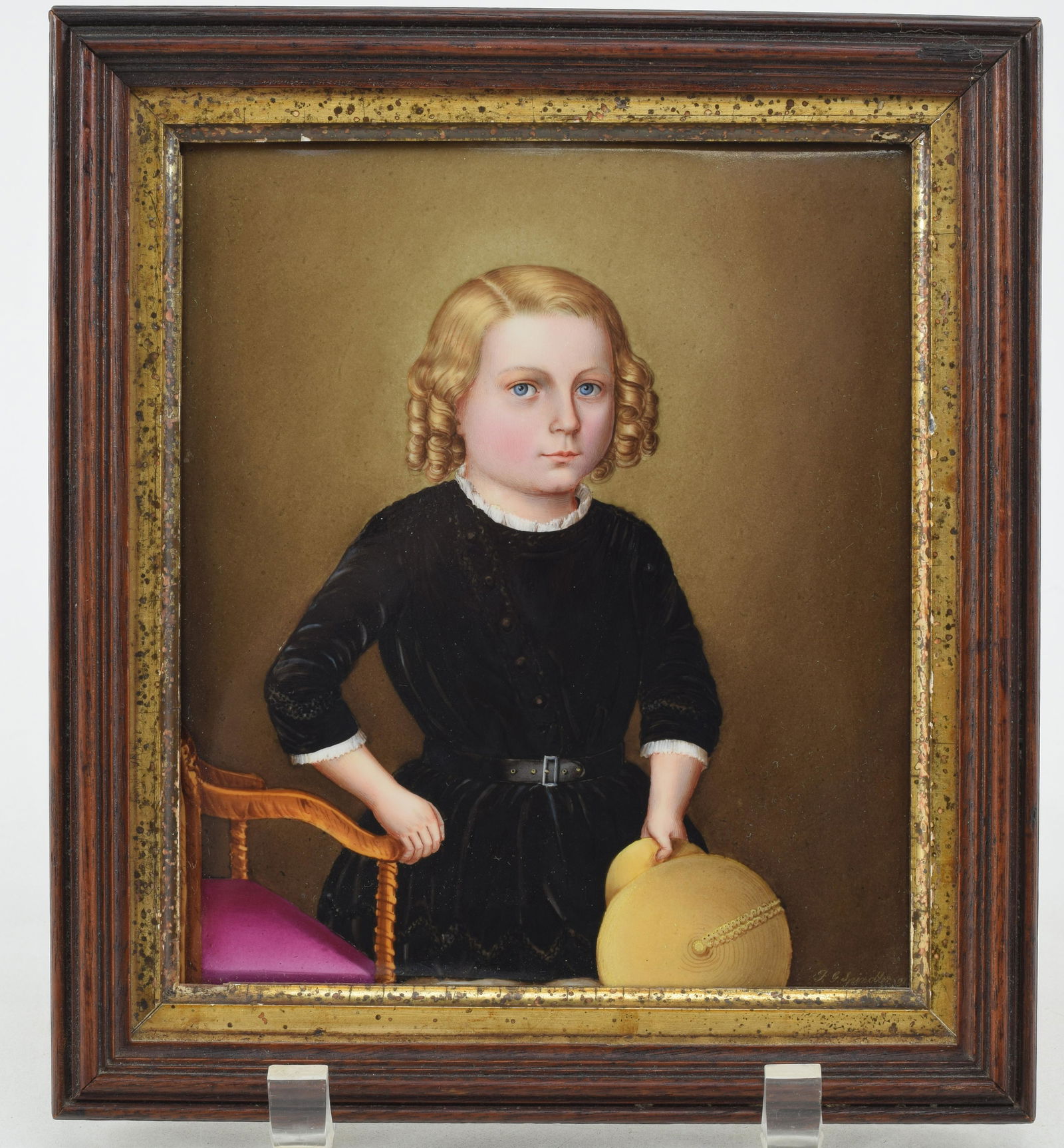KPM porcelain portrait plaque of girl, signed and dated. Signed lower right F.G. Spindler 1857.: KPM porcelain portrait plaque of girl, signed and dated. Signed lower right F.G. Spindler 1857. Impressed mark. View of a girl with black dress holding a yellow cap by a gilded chair. Framed. Image si