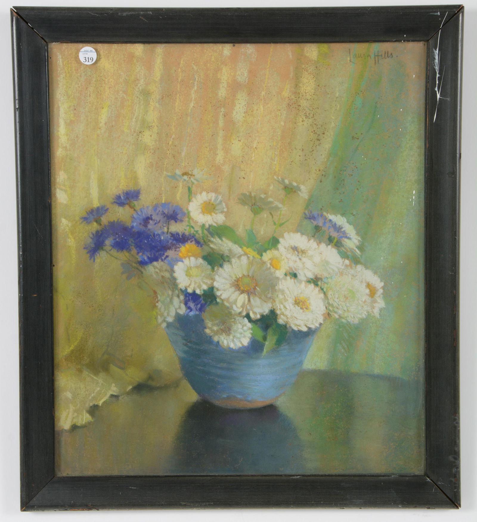 Laura Coombs Hills. Pastel still life of flowers. Signed upper right. Framed under glass. Paint: Laura Coombs Hills. Pastel still life of flowers. Signed upper right. Framed under glass. Paint splatter on frame and glass. Copley Gallery label on reverse. Sight: 19 x 16.25in. Overall: 22 x 19.25in