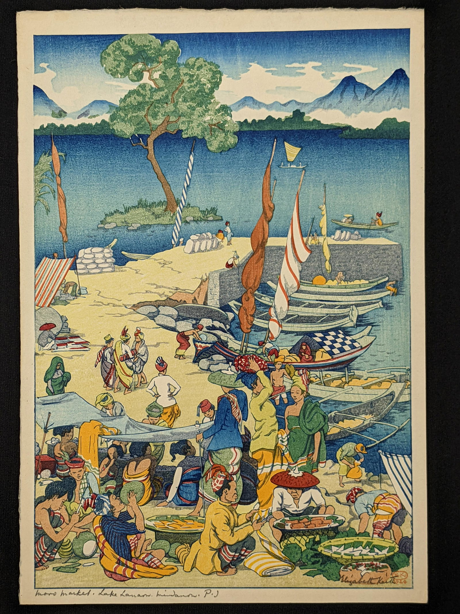 Elizabeth Keith. "Moro Market, Lake Lanacu, Mindinao, Philippine Islands". Original color woodblock: Elizabeth Keith. "Moro Market, Lake Lanacu, Mindinao, Philippine Islands". Original color woodblock print depicting a busy Filipino waterside market with figures selling goods and docked boats. Wonder