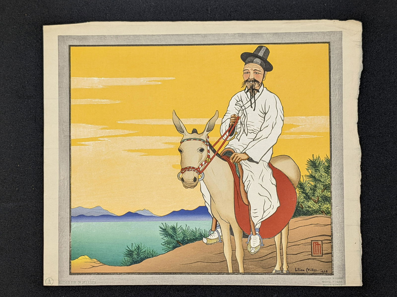 Lilian Miller. "Father Kim on Muleback". Korean original color woodcut print. Edition A depicting a: Lilian Miller. "Father Kim on Muleback". Korean original color woodcut print. Edition A depicting a Chinese figure riding a mule with against a golden yellow sky. Monogrammed in plate bottom right. Si