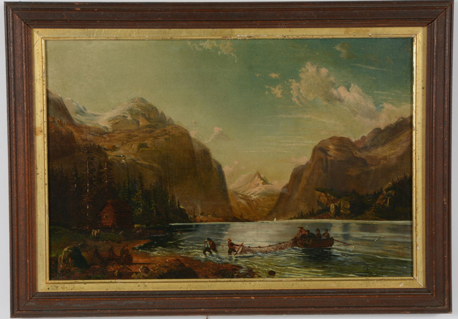 19th century American Western school painting of mountainous landscape with figures by a lake. Oil (1 of 8)