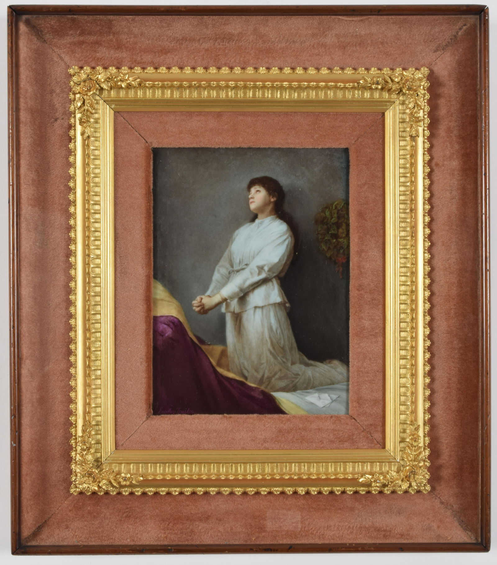 KPM porcelain painting. "Vater Unser" after Gabriel Max. Young woman in white dress kneeling in (1 of 9)