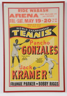 Rare original tennis poster. Bobby Riggs. World Championship Tennis 1949-50. Poncho Gonzales. Jack: Rare original tennis poster. Bobby Riggs. World Championship Tennis 1949-50. Poncho Gonzales. Jack Kramer. Frankie Parker. Bobby Riggs. Framed under glass. Overall: 24.5 x 16.75in.