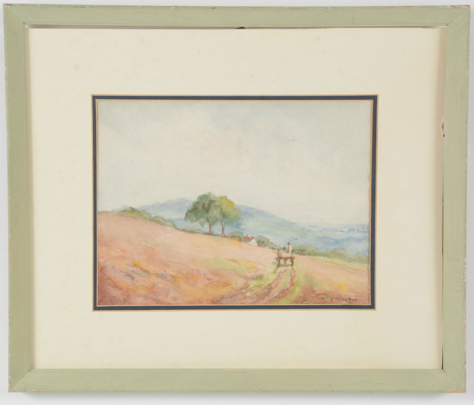 C. Pissarro signed watercolor landscape with a figure in horse drawn cart. Watercolor on paper. (1 of 7)