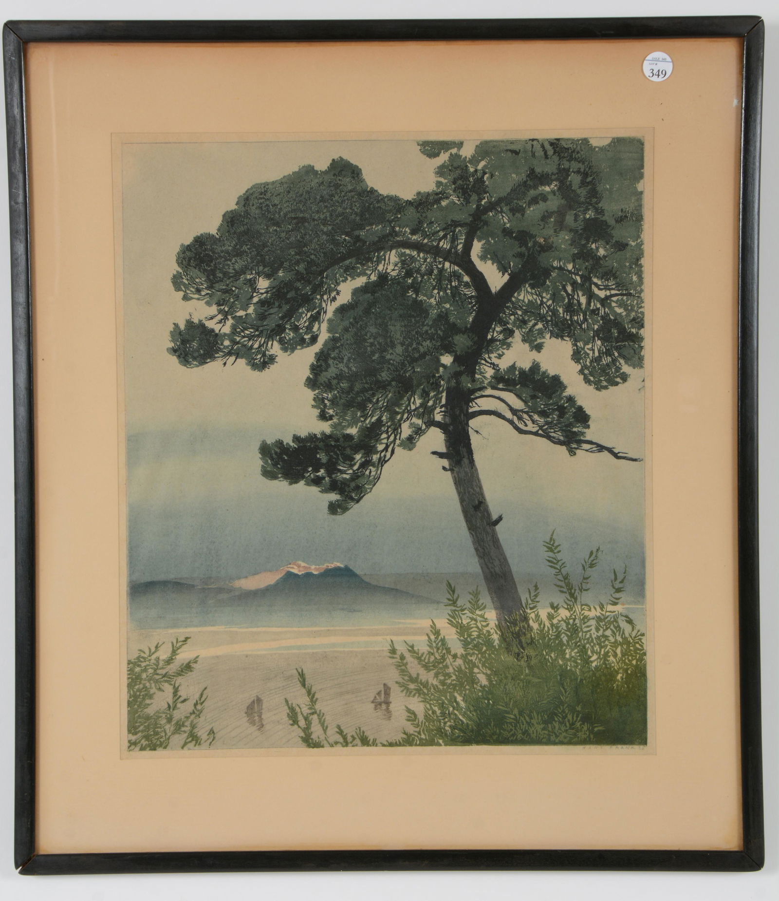 Hans Frank. 1935 original woodblock print. Japanese landscape with sea and mountains. Graphite: Hans Frank. 1935 original woodblock print. Japanese landscape with sea and mountains. Graphite signed and dated lower right. Framed under glass. Toning. Sight: 16.25 x 14in. Overall: 22.25 x 19.5in.