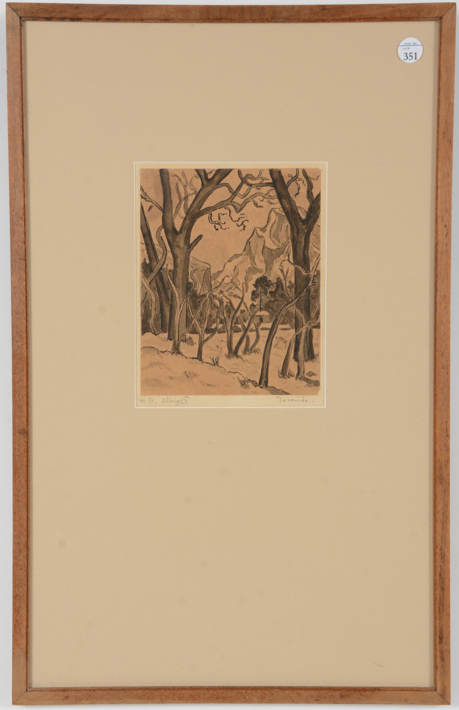 Herman O. Albright. Original Yosemite ink drawing of a landscape with trees and mountains. Framed (1 of 6)