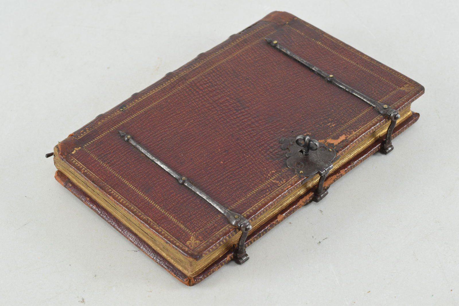 17th/18th century French leather and iron bound book safe. Wrought iron and gold studded bands with (1 of 8)