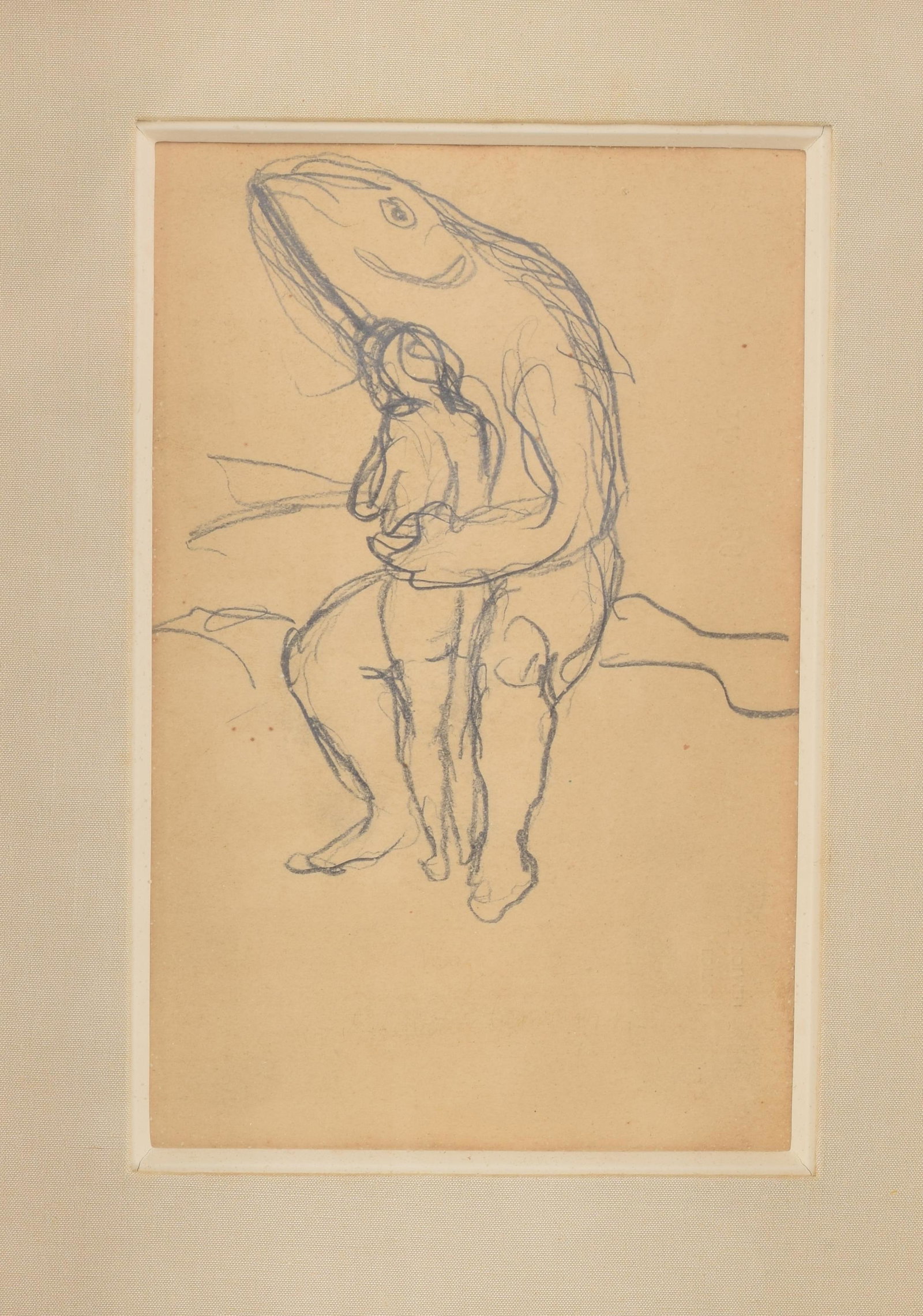 Rene Magritte. 1947 Original drawing "Le Vieux Cannonier". Surreal graphite drawing depicting: Rene Magritte. 1947 Original drawing "Le Vieux Cannonier". Surreal graphite drawing depicting anthropomorphic fish man and nude woman. Labels on reverse with title, date. Cart and Crate label on rever