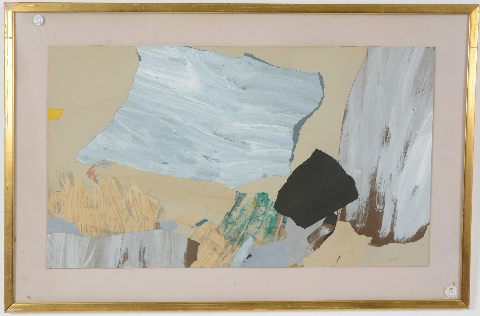 Leo Manso. Abstract collage. Oil and mixed media on paper. Signed lower right. Framed under glass. (1 of 7)