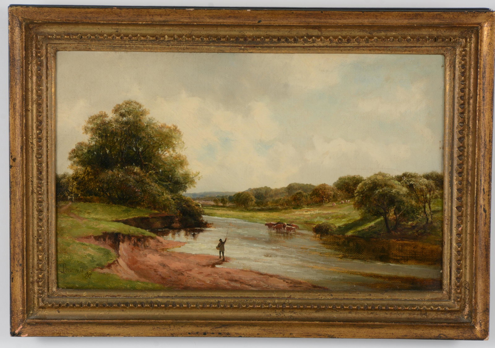 Carl Brennir. "On the Trent". Landscape with man fishing in a river with cattle nearby. Titled on: Carl Brennir. "On the Trent". Landscape with man fishing in a river with cattle nearby. Titled on stretcher. Signed and dated 1889 lower left. Oil on canvas. Framed. Sight: 10.25 x 16.25in. Overall: 1
