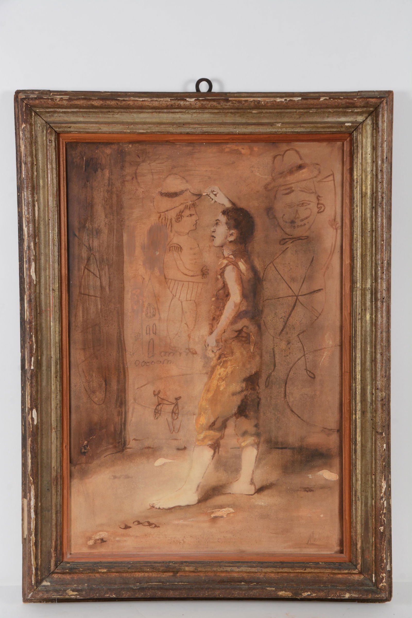 Conger Metcalf. "Study in Sepia". Original tempera on gesso on masonite painting. 1954. Young boy: Conger Metcalf. "Study in Sepia". Original tempera on gesso on masonite painting. 1954. Young boy drawing graffiti on walls. Framed. Margaret Brown gallery Boston label on reverse. Signed lower right.
