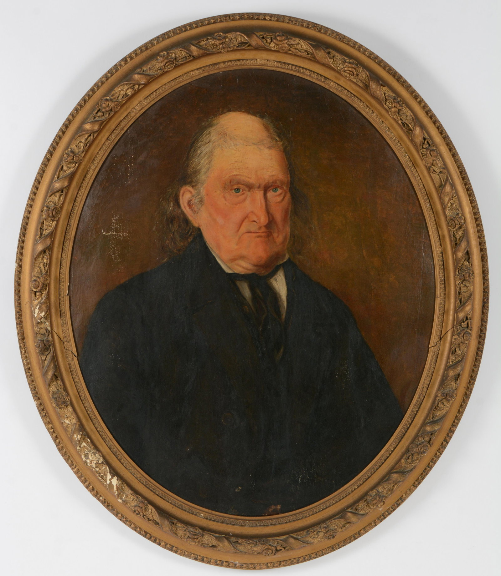 Mid 19th century American school oval portrait of an old man. Oil on canvas. Framed. Relined.: Mid 19th century American school oval portrait of an old man. Oil on canvas. Framed. Relined. Abrasions. Craquelure. Sight: 30 x 24.5in. Overall: 37 x 31in. Verbal Family History connecting the sitter
