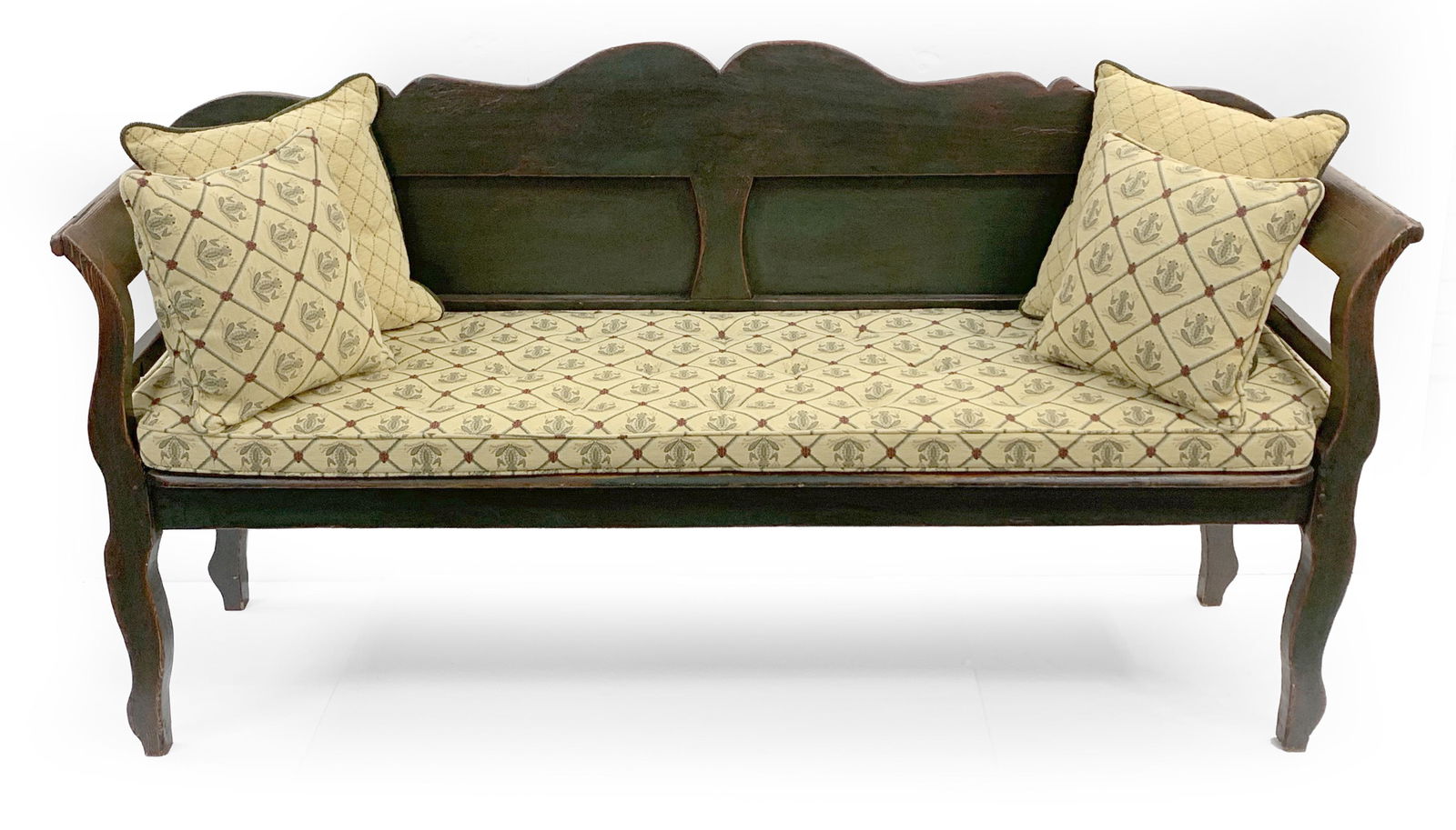French provincial green painted pine settee. Shaped and paneled back with upholstered cushion, late (1 of 3)