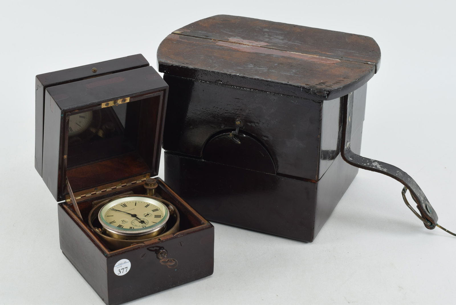 Cased Waltham 8-day ships chronometer in a gimbaled mahogany box. 3 inch dial with silvered bezel. (1 of 7)