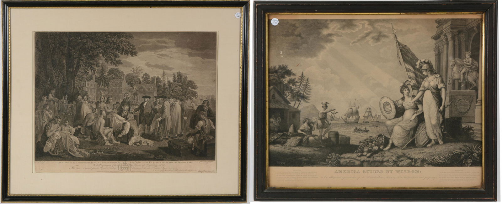 2 18th century American engravings. 1) "America Guided by Wisdom". Drawn by John Barralett, engraved (1 of 13)