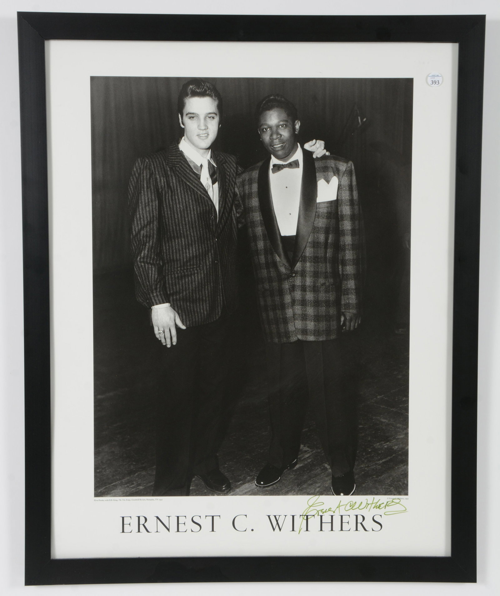 Ernest C. Withers signed photograph of Elvis and B. B. King. 1997. Original done in 1957. Framed: Ernest C. Withers signed photograph of Elvis and B. B. King. 1997. Original done in 1957. Framed under glass. Overall: 30.25 x 24.25in.