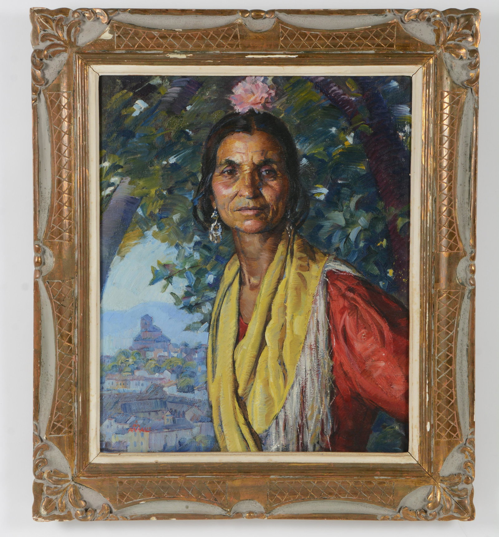 Amalio Garcia del Moral. Spain. Impressionist portrait of a woman in a landscape with distant city.: Amalio Garcia del Moral. Spain. Impressionist portrait of a woman in a landscape with distant city. Oil on canvas. Signed lower left. Framed. Stamped and signed on reverse. Sight: 25.5 x 21.25in. Over