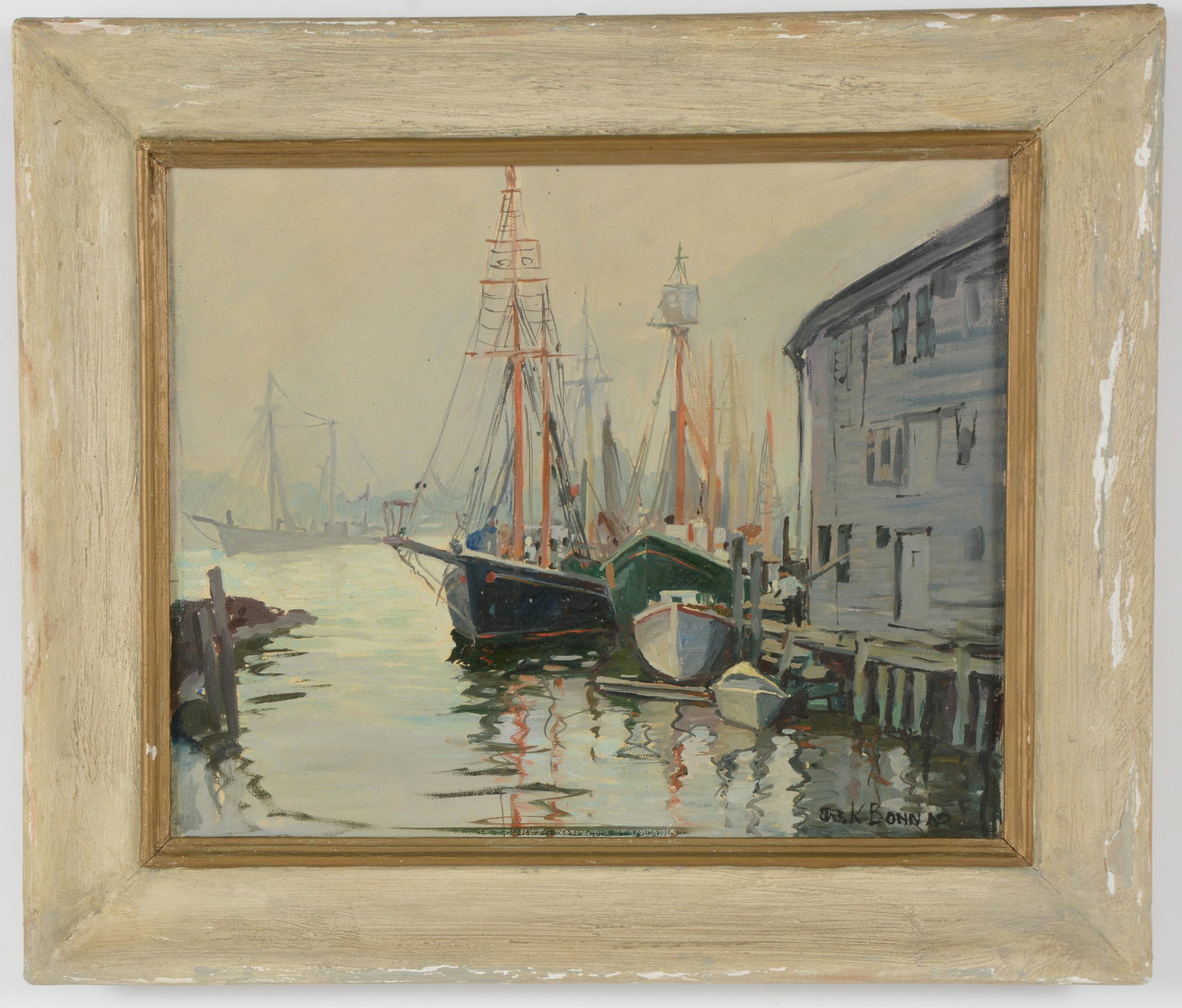 James King Bonnar. Cape Ann harbor scene with buildings, figures and boats at dock. Oil on canvas.: James King Bonnar. Cape Ann harbor scene with buildings, figures and boats at dock. Oil on canvas. In original painted frame. Some losses to frame. Sight: 12.25 x 14.25in. Overall: 16.5 x 18.75in.