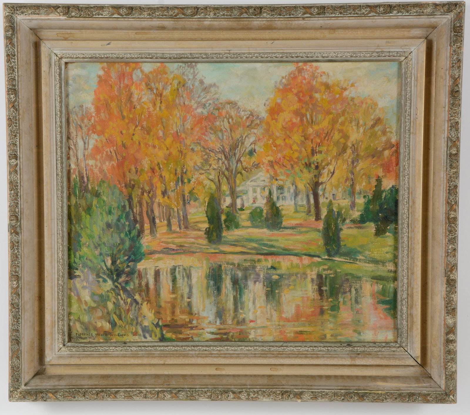Florence White Williams. "Newell Pond on Bernardston Rd". Newell Pond, Greenfield, Massachusetts.: Florence White Williams. "Newell Pond on Bernardston Rd". Newell Pond, Greenfield, Massachusetts. Large impressionist autumn landscape with a classical columned house by the pond. Oil on canvas. Frame