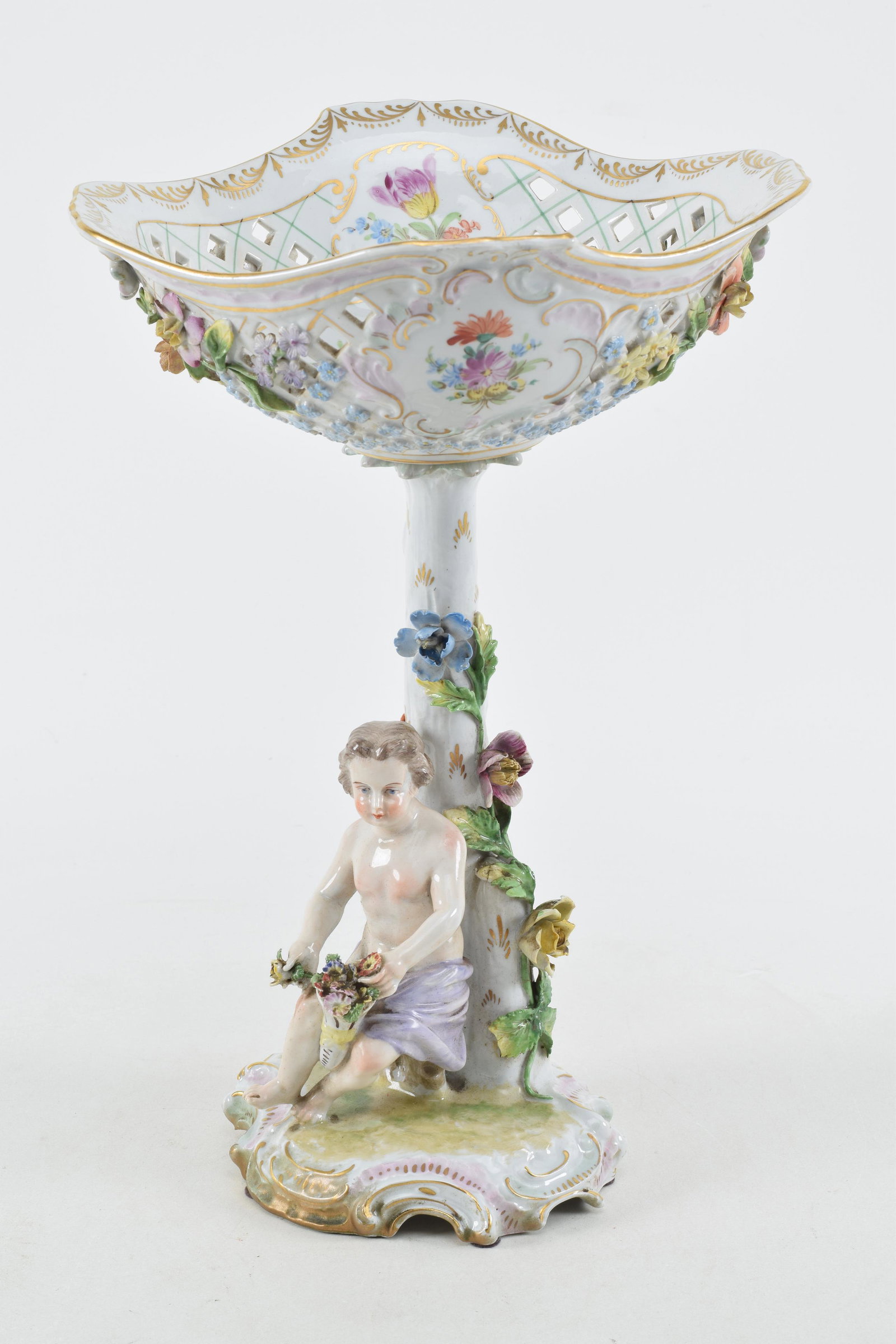 Dresden figural compote with open basket and figural and floral design.: Dresden figural compote with open basket and figural and floral design.