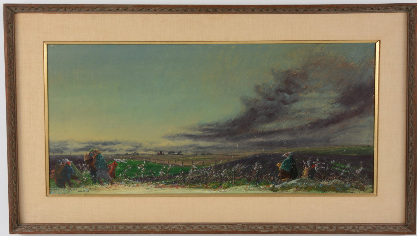 Billy Morrow Jackson. "Passerby". Prairie landscape with approaching storm and figures along the: Billy Morrow Jackson. "Passerby". Prairie landscape with approaching storm and figures along the road. Oil on panel. Framed. Signed lower left. Kenmore Galleries, Philadelphia PA label on reverse. Sig